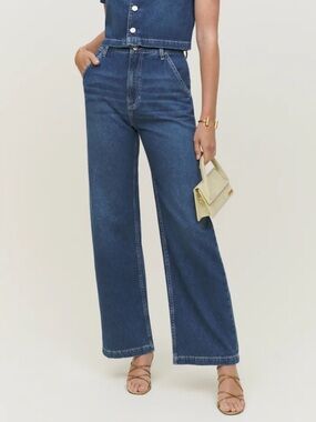 Reformation Blue Wide-Leg Denim Jumpsuit Pants